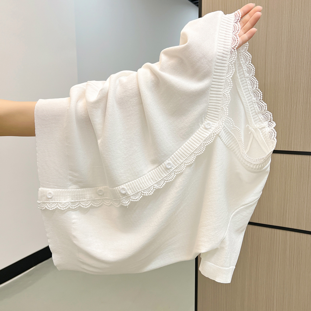 MY12764# V领蕾丝短袖t恤打底衫针织上衣女裝貨源服裝批發