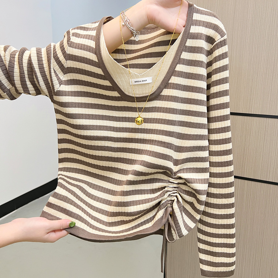 MY13719# 假两件条纹针织打底毛衣女抽绳上衣女裝貨源服裝批發