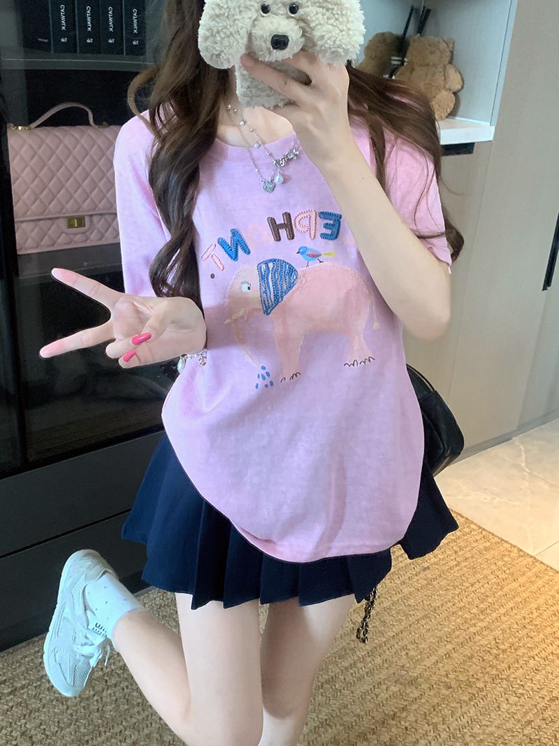 MY11546# 大码女装200斤雪花棉短袖t恤夏新款宽松刺绣花圆领上衣女裝貨源服裝批發