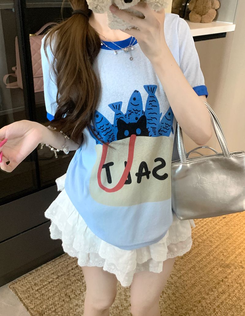 MY11467# 大码女装200斤短袖t恤夏新款潮短款趣味印花撞色圆领上衣女裝貨源服裝批發