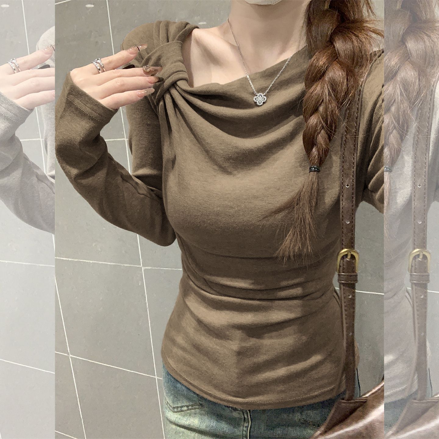 MY15495# 精品羊绒 斜领长袖t恤女秋季修身设计感小众内搭打底衫上衣...