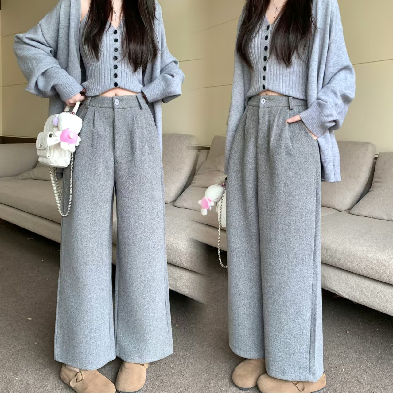 MY15804# 毛呢裤韩版加厚直筒西装裤长裤显瘦小个子休闲九分阔腿裤女裝...