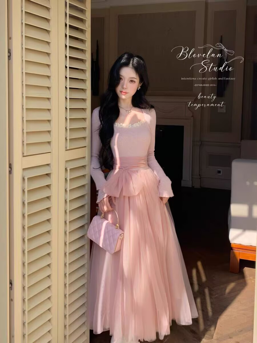 MY15803# 少女感温柔拼接网纱仙女风显瘦长袖连衣裙加厚女裝貨源服裝批...