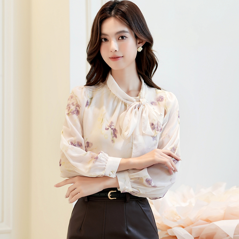 MY13467# 秋日罗兰 法式紫色碎花天丝衬衫女气质显瘦侧绑带长袖雪纺上衣女裝貨源服裝批發