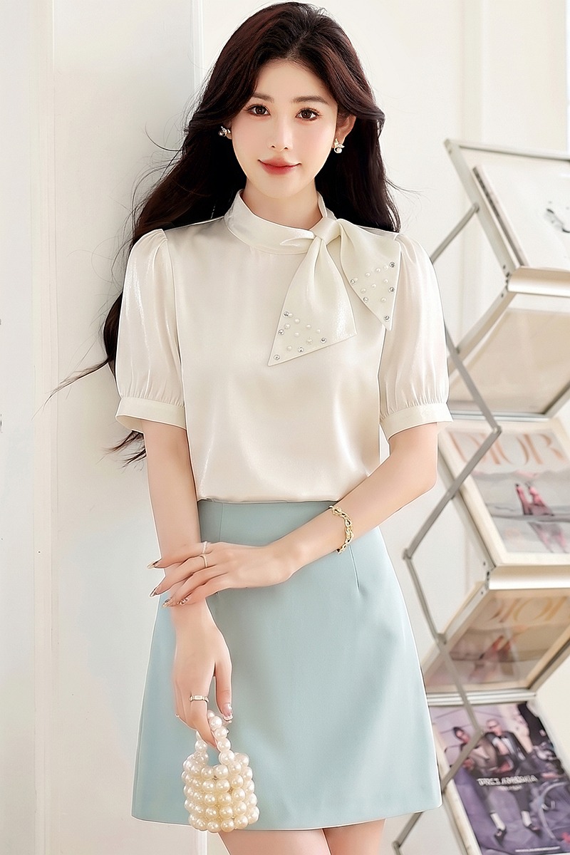 釘珠蝴蝶結寬松短袖真絲襯衫女夏季新款氣質職業醋酸緞面襯衣上衣