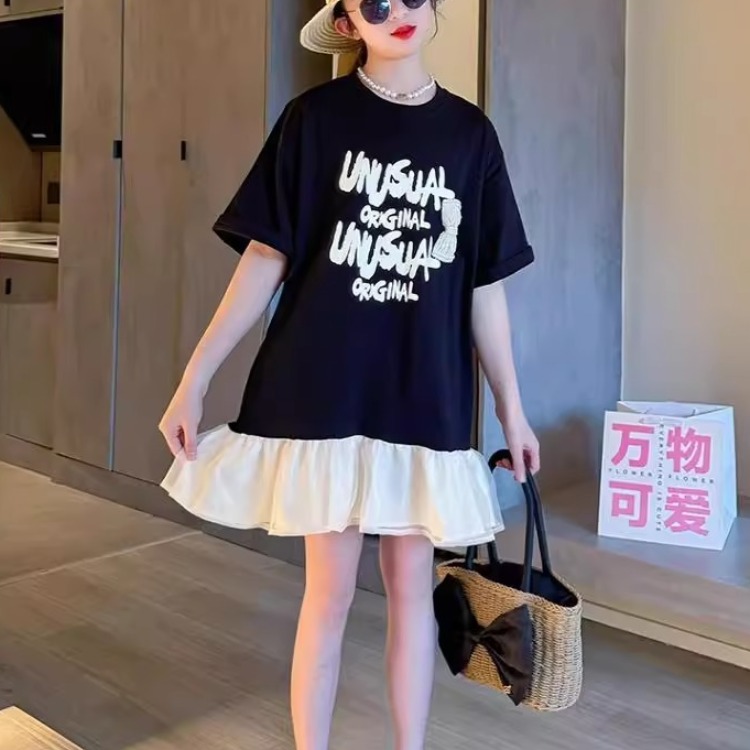 MY11003# 夏季新款大码胖妹妹字母荷叶边裙减龄少女黑色温柔小个子连衣...