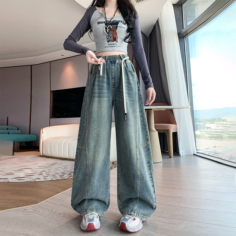 實拍 加絨牛仔長褲寬松緊高腰直筒闊腿褲拖地顯瘦褲大碼女裝230斤