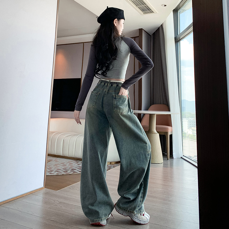 實拍 加絨牛仔長褲寬松緊高腰直筒闊腿褲拖地顯瘦褲大碼女裝230斤