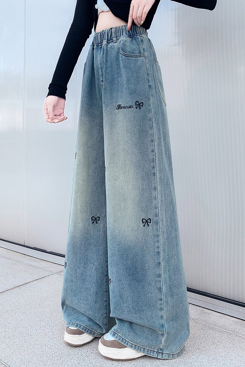 實拍 加絨牛仔長褲刺繡蝴蝶結寬松緊高腰直筒顯瘦加大碼女裝230斤