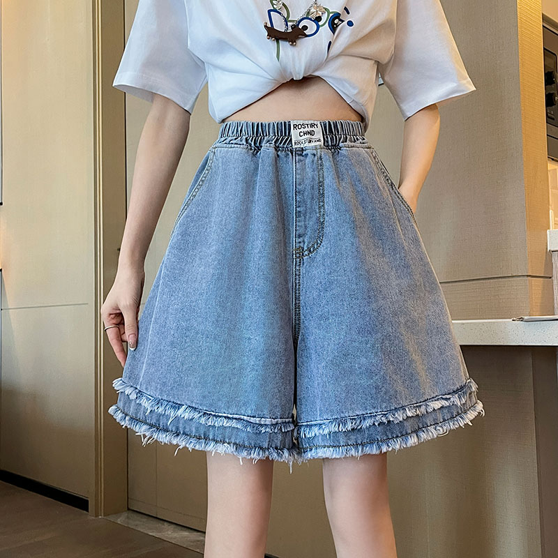 實拍 a字牛仔短褲女寬松高腰闊腿毛邊遮肉顯瘦大碼女裝胖mm230斤