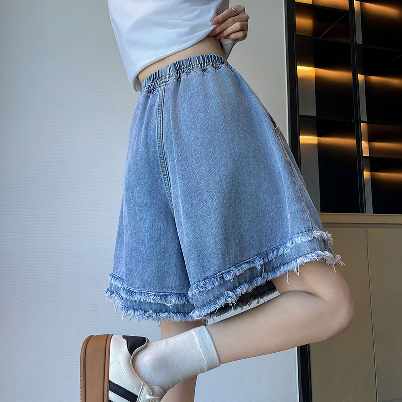 實拍 a字牛仔短褲女寬松高腰闊腿毛邊遮肉顯瘦大碼女裝胖mm230斤