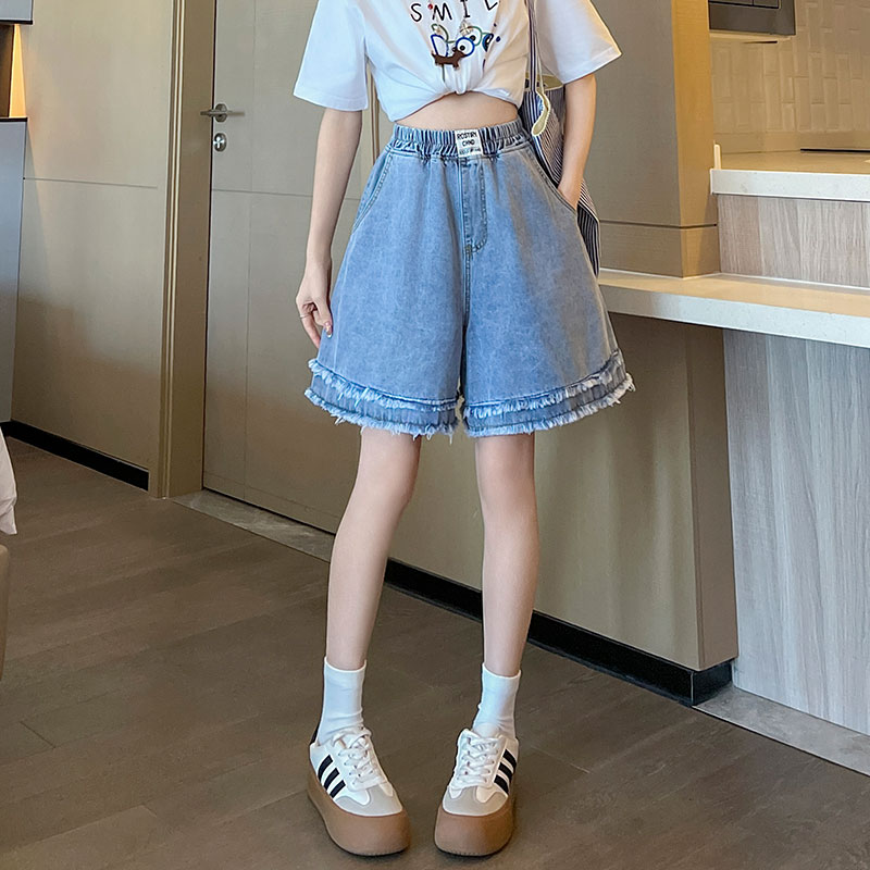 實拍 a字牛仔短褲女寬松高腰闊腿毛邊遮肉顯瘦大碼女裝胖mm230斤