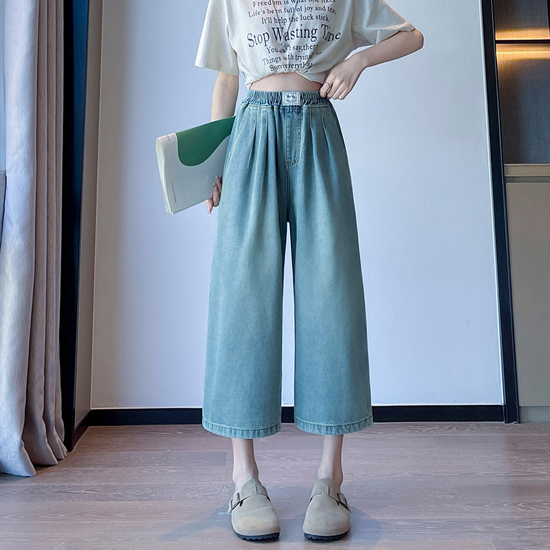 實拍 復古牛仔中褲七分褲寬松緊高腰直筒闊腿顯瘦大碼女裝230斤