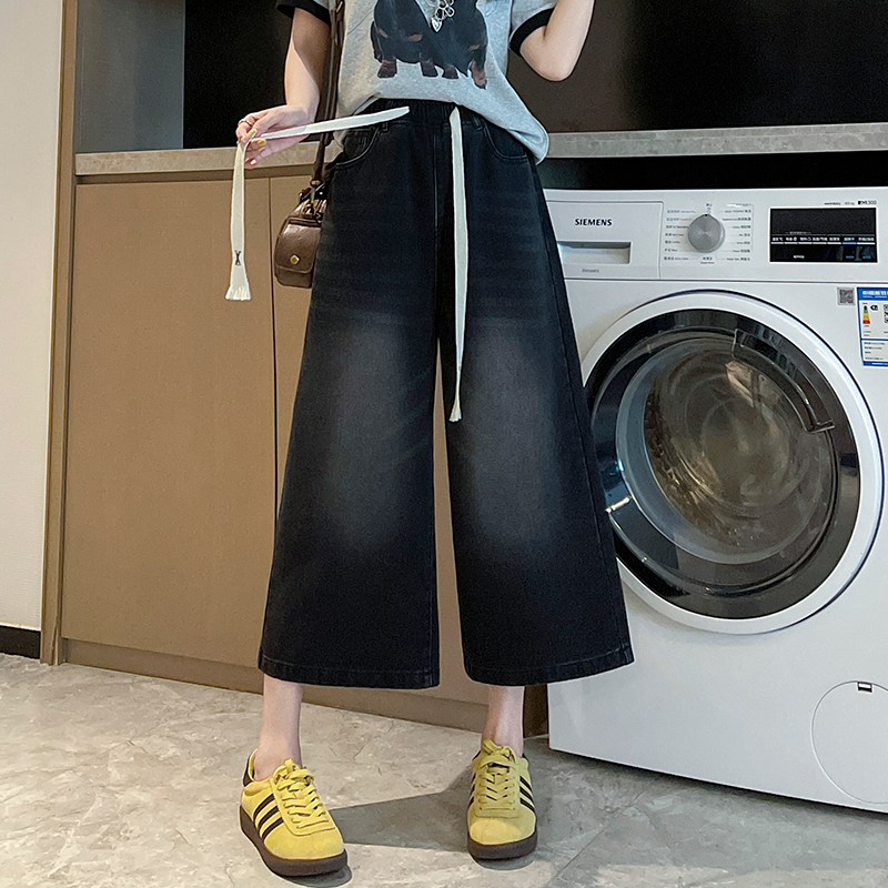 實拍 黑色牛仔褲七分褲寬松緊高腰直筒闊腿顯瘦百搭大碼女裝230斤