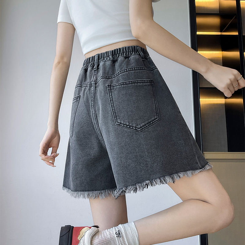 實拍 黑色牛仔短褲女寬松高腰闊腿毛邊遮肉顯瘦大碼女裝胖mm230斤