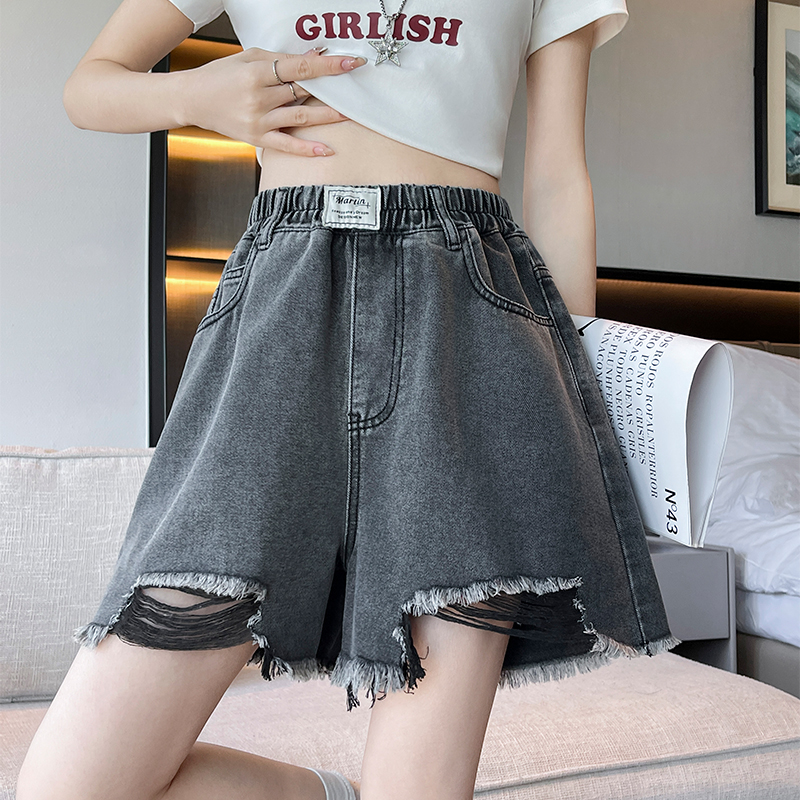 實拍 黑色牛仔短褲女寬松高腰闊腿毛邊遮肉顯瘦大碼女裝胖mm230斤