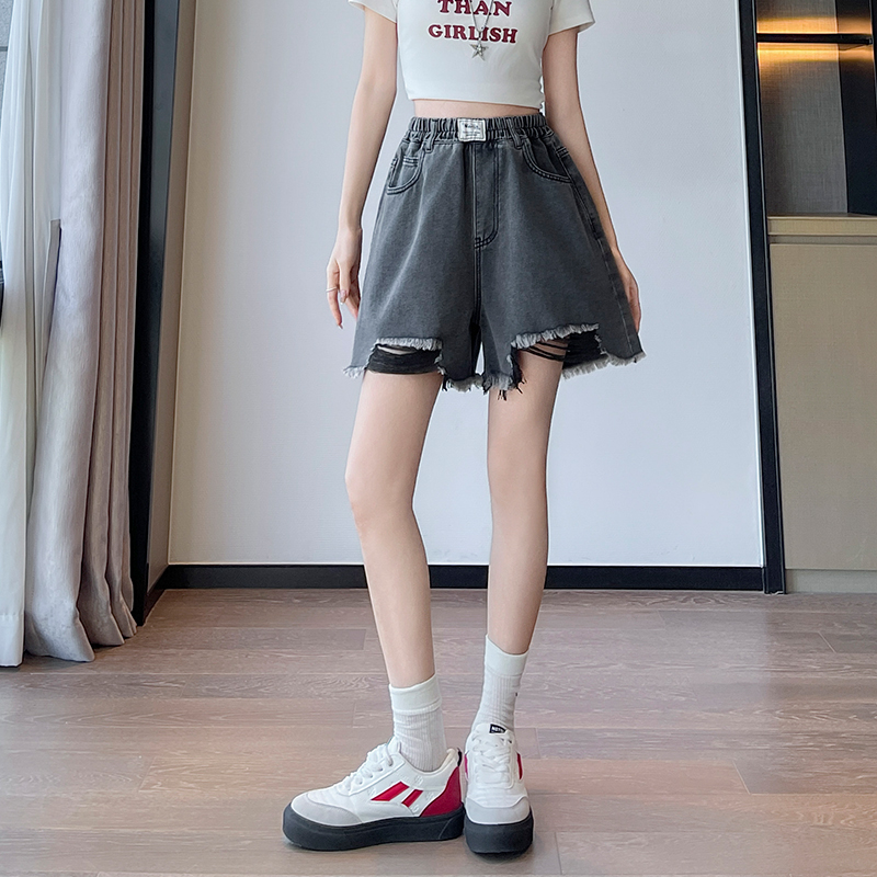 實拍 黑色牛仔短褲女寬松高腰闊腿毛邊遮肉顯瘦大碼女裝胖mm230斤