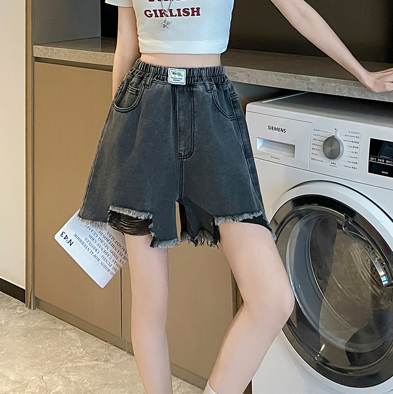 實拍 黑色牛仔短褲女寬松高腰闊腿毛邊遮肉顯瘦大碼女裝胖mm230斤