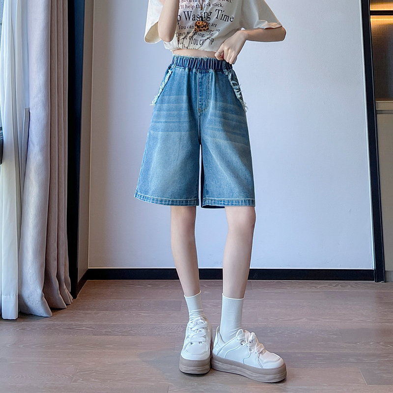 實拍 復古牛仔短褲女寬松高腰闊腿毛邊遮肉顯瘦大碼女裝胖mm230斤