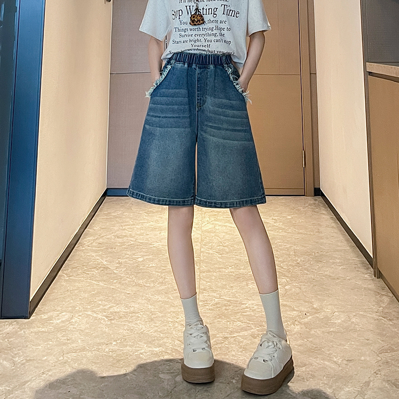 實拍 復古牛仔短褲女寬松高腰闊腿毛邊遮肉顯瘦大碼女裝胖mm230斤
