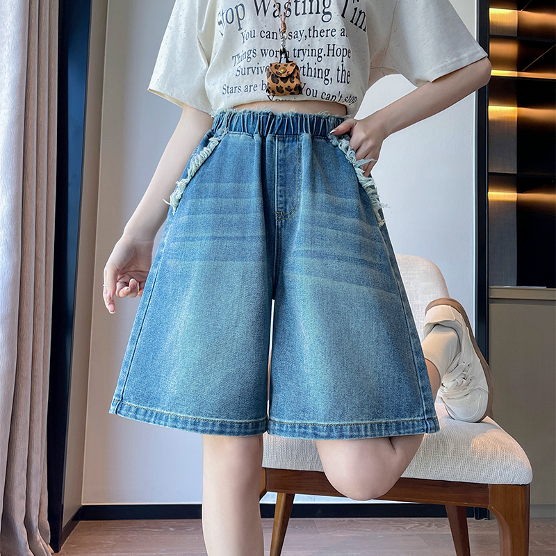 實拍 復古牛仔短褲女寬松高腰闊腿毛邊遮肉顯瘦大碼女裝胖mm230斤