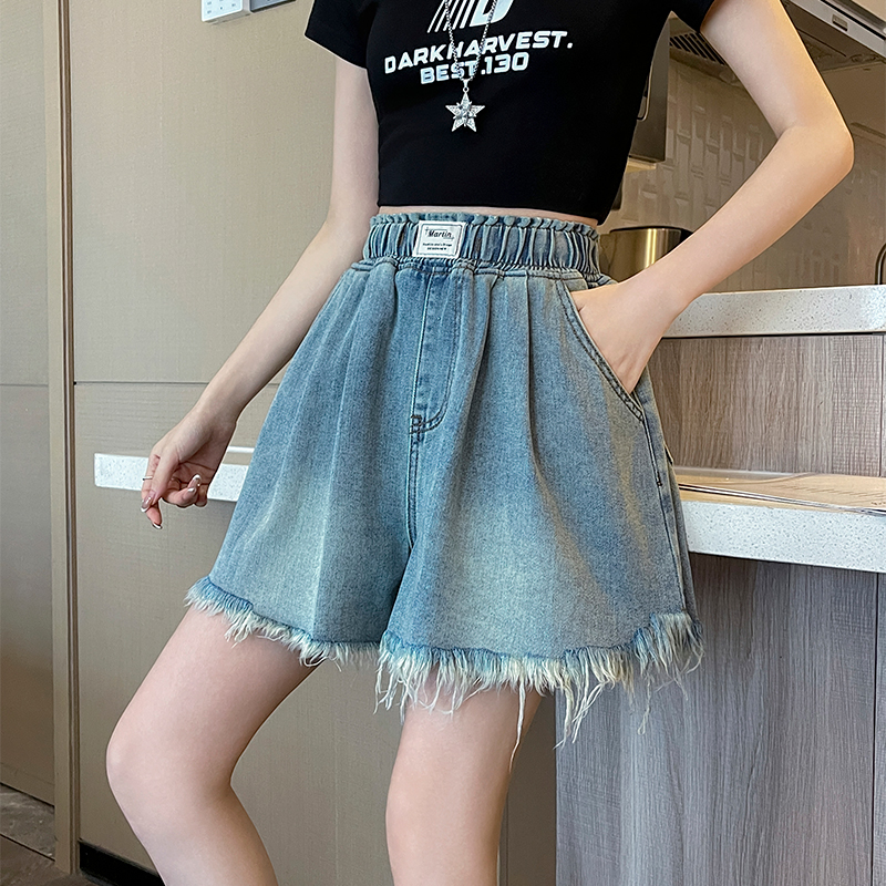 實拍 a字毛邊牛仔短褲寬松高腰闊腿遮肉顯瘦加大碼女裝胖mm230斤
