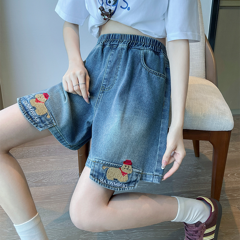 實拍 刺繡牛仔短褲a字寬松高腰闊腿遮肉顯瘦加大碼女裝胖mm230斤