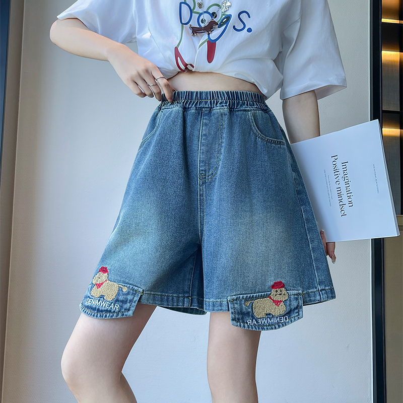 實拍 刺繡牛仔短褲a字寬松高腰闊腿遮肉顯瘦加大碼女裝胖mm230斤