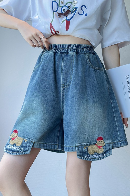 實拍 刺繡牛仔短褲a字寬松高腰闊腿遮肉顯瘦加大碼女裝胖mm230斤