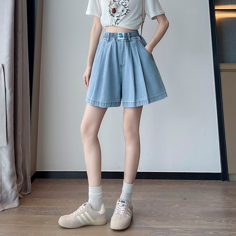 實拍 a字牛仔短褲寬松緊高腰闊腿遮肉顯瘦百搭大碼女裝胖mm230斤