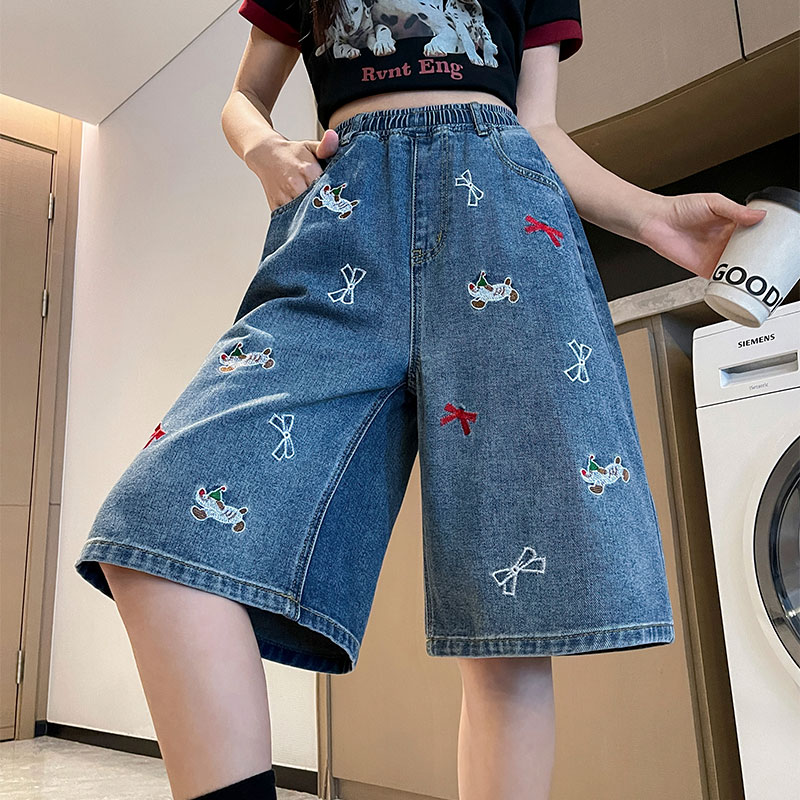 實拍 刺繡牛仔短褲五分褲寬松高腰直筒遮肉顯瘦大碼女裝胖mm230斤