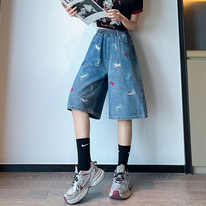 實拍 刺繡牛仔短褲五分褲寬松高腰直筒遮肉顯瘦大碼女裝胖mm230斤