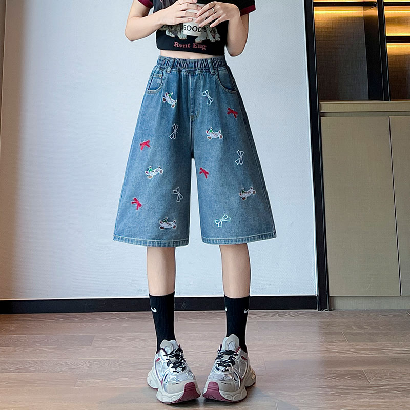 實拍 刺繡牛仔短褲五分褲寬松高腰直筒遮肉顯瘦大碼女裝胖mm230斤