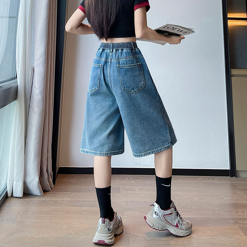 實拍 刺繡牛仔短褲五分褲寬松高腰直筒遮肉顯瘦大碼女裝胖mm230斤