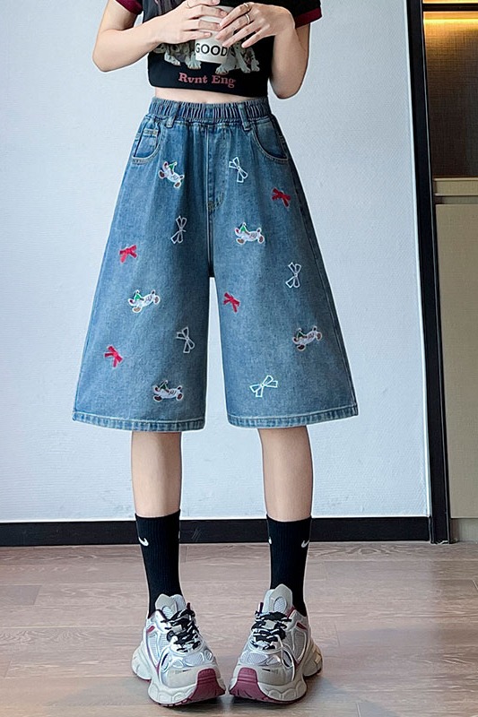 實拍 刺繡牛仔短褲五分褲寬松高腰直筒遮肉顯瘦大碼女裝胖mm230斤