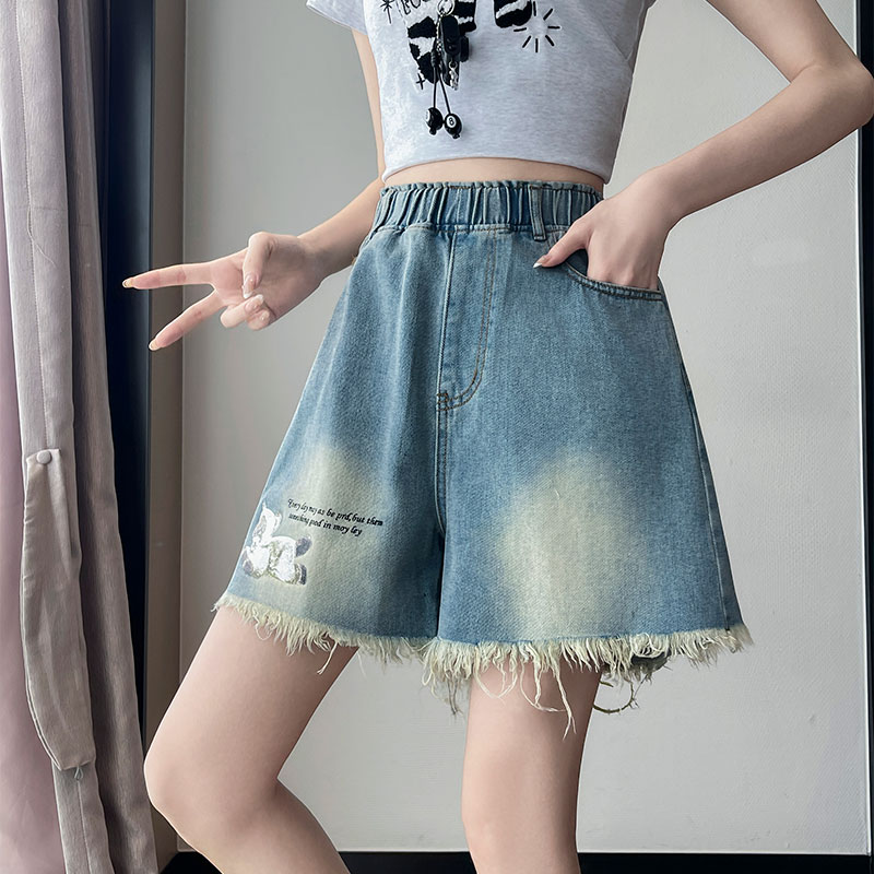 實拍 a字牛仔短褲寬松緊高腰闊腿毛邊遮肉顯瘦大碼女裝胖mm230斤