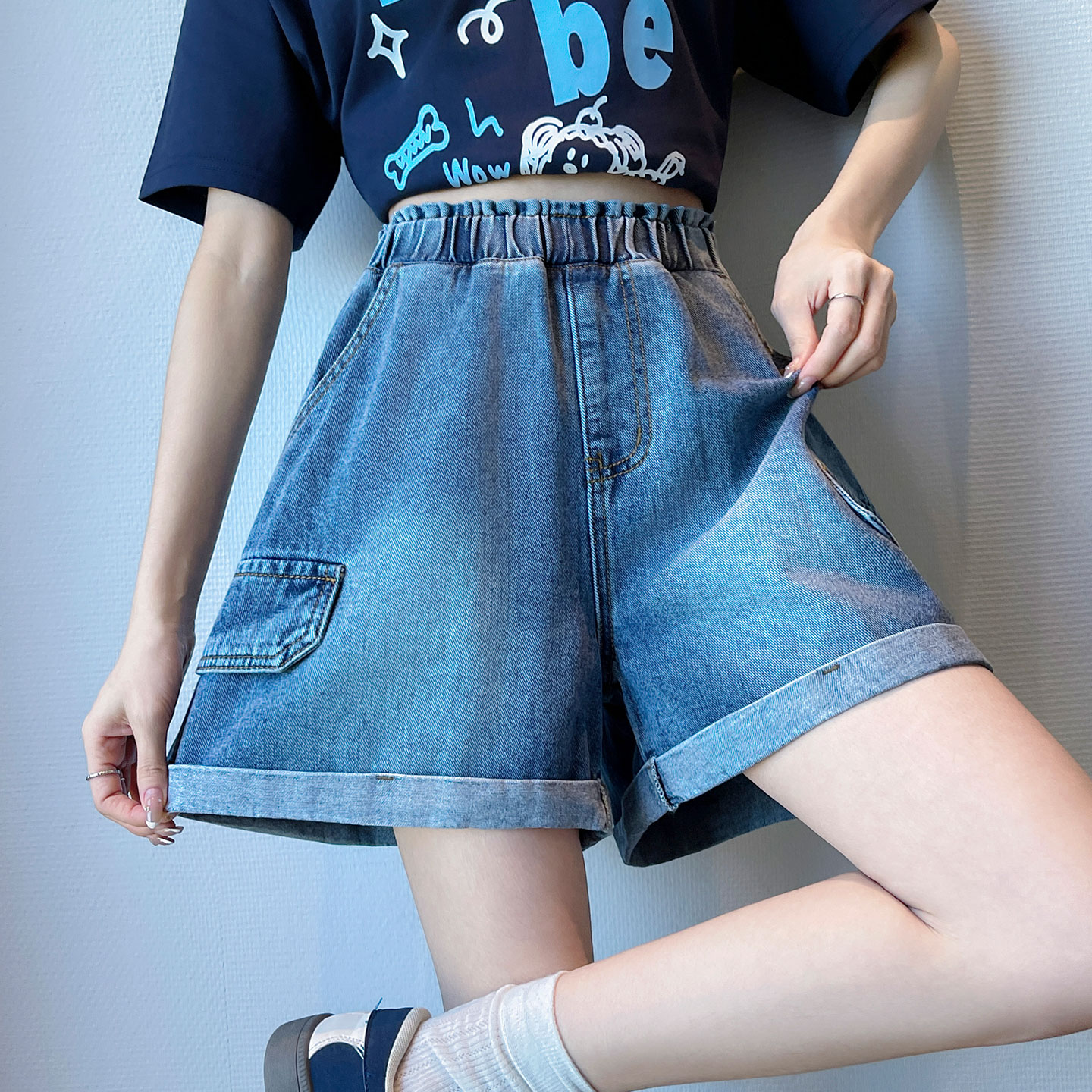 實拍 a字牛仔短褲女寬松緊高腰闊腿遮肉顯瘦加大碼女裝胖mm230斤