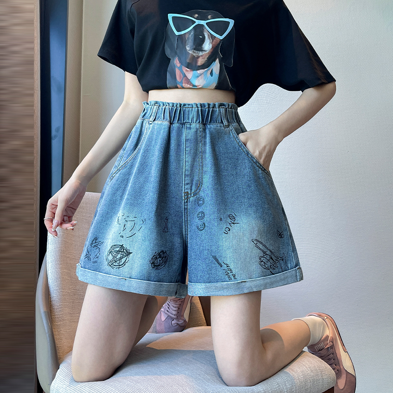 實拍 印花牛仔短褲a字寬松緊高腰闊腿遮肉顯瘦大碼女裝胖mm230斤