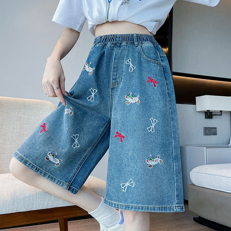 實拍 刺繡牛仔短褲女寬松高腰闊腿直筒遮肉顯瘦大碼女裝胖mm230斤