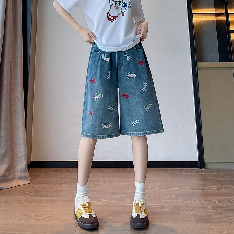 實拍 刺繡牛仔短褲女寬松高腰闊腿直筒遮肉顯瘦大碼女裝胖mm230斤