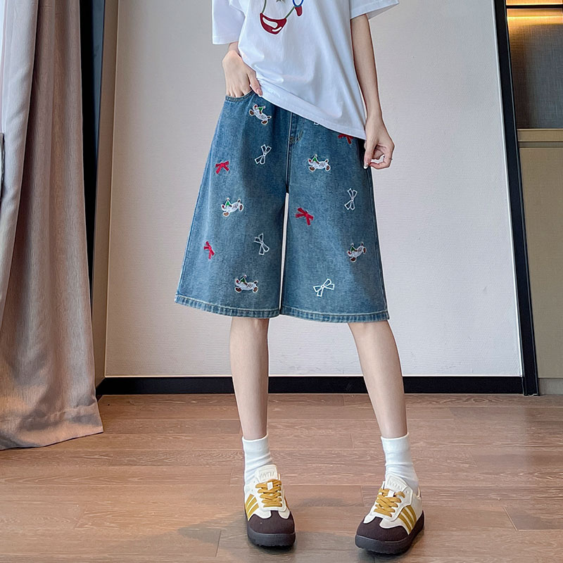 實拍 刺繡牛仔短褲女寬松高腰闊腿直筒遮肉顯瘦大碼女裝胖mm230斤