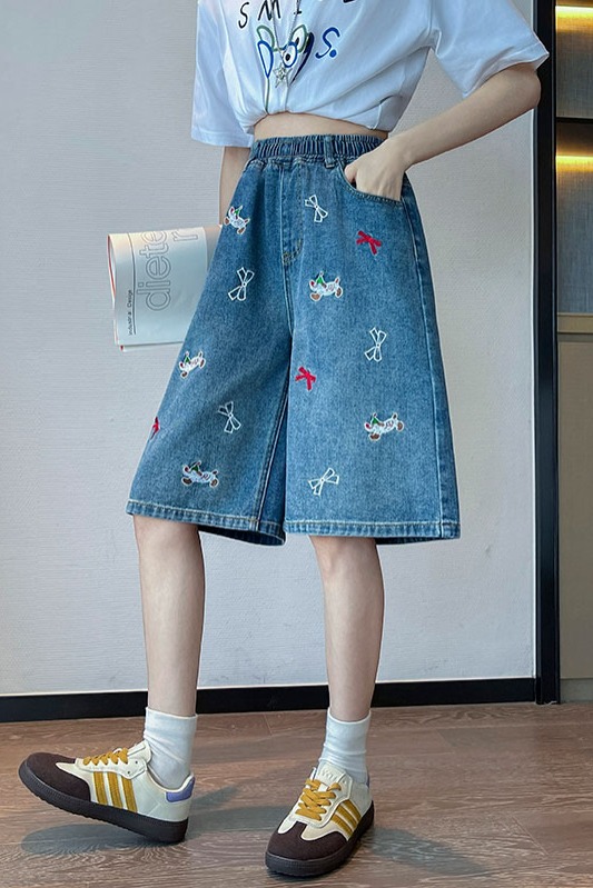 實拍 刺繡牛仔短褲女寬松高腰闊腿直筒遮肉顯瘦大碼女裝胖mm230斤