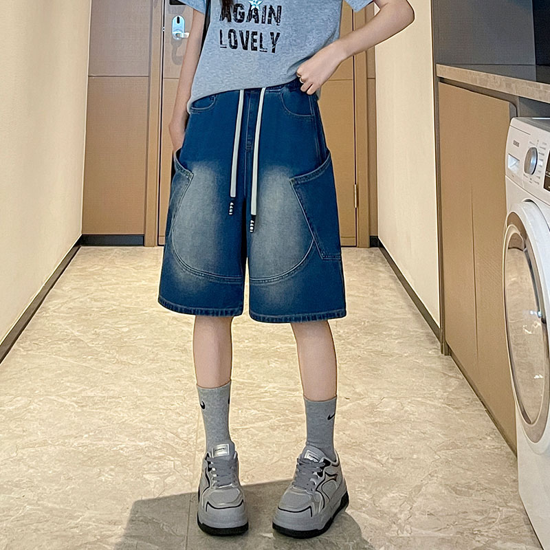 實拍 直筒牛仔短褲五分寬松緊高腰闊腿遮肉顯瘦大碼女裝胖mm230斤