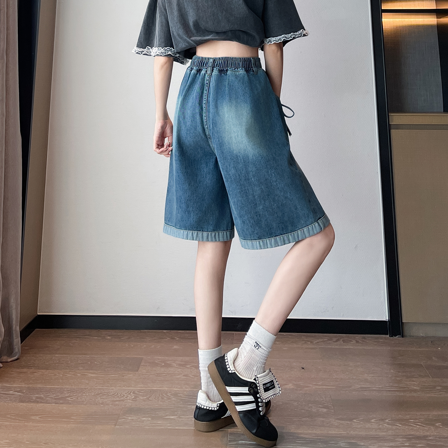 實拍 牛仔短褲五分寬松緊高腰直筒闊腿褲顯瘦褲加肥大碼女裝230斤