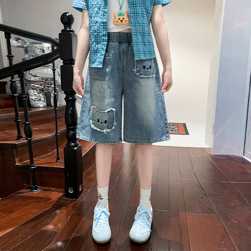 實拍 貓咪五分褲牛仔短褲寬松緊高腰直筒顯瘦褲加肥大碼女裝230斤