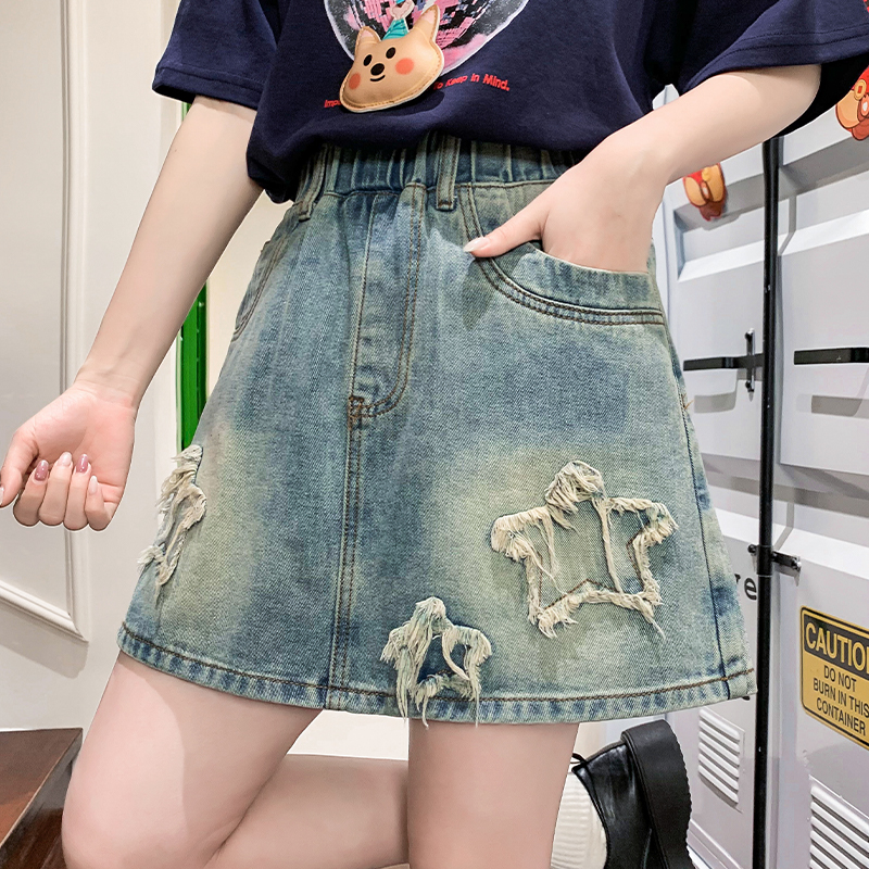 實拍 星星短褲牛仔褲寬松緊高腰直筒闊腿褲顯瘦加肥大碼女裝230斤