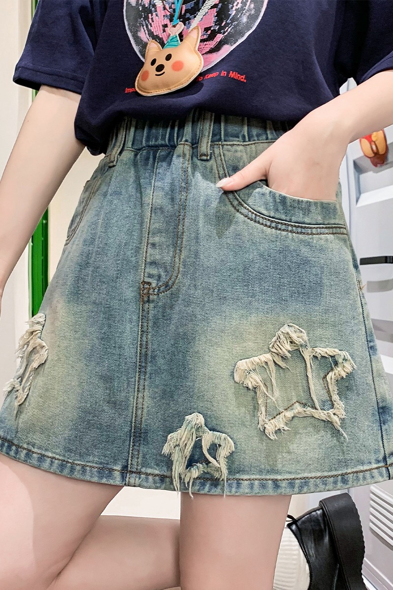 實拍 星星短褲牛仔褲寬松緊高腰直筒闊腿褲顯瘦加肥大碼女裝230斤