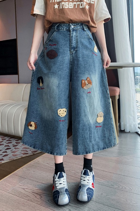 實拍 刺繡牛仔褲七分寬松高腰直筒闊腿褲顯瘦褲加肥大碼女裝230斤