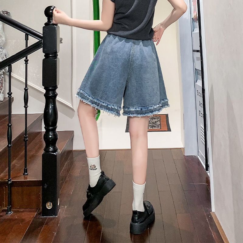 實拍 毛邊牛仔短褲夏季高腰闊腿顯瘦女百搭簡約大碼女裝胖MM230斤