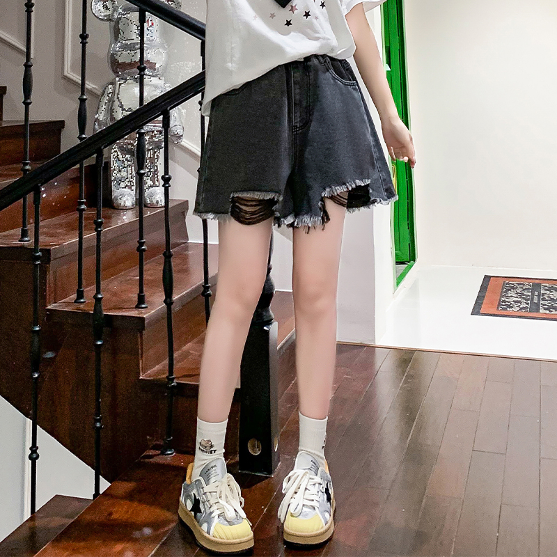 實拍 黑色牛仔短褲女寬松高腰闊腿毛邊遮肉顯瘦大碼女裝胖mm230斤